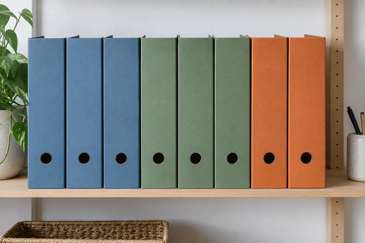 Documents rangés dans des chemises de couleur sur une étagère de bureau