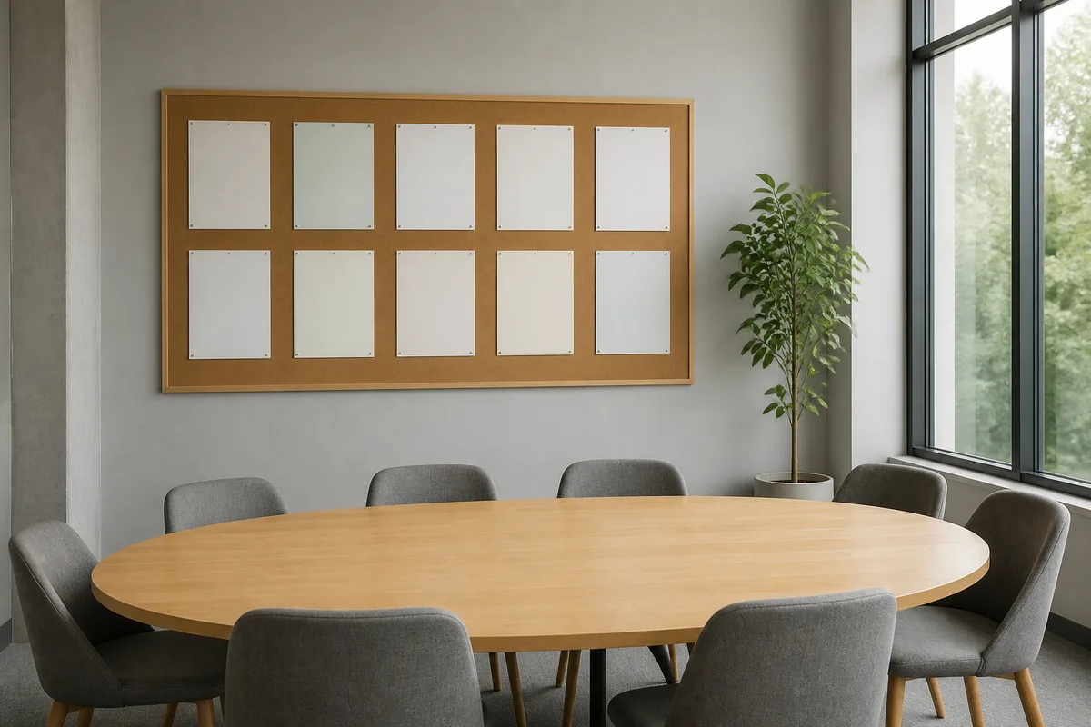 Salle de réunion vide dont le mur d’affichage porte des feuilles de papier uni aux teintes pâles