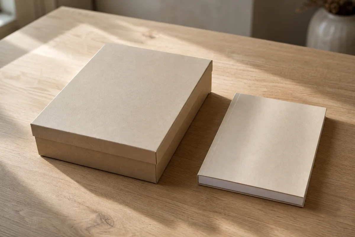 Coffret en carton fermé et carnet posés sur une table en chêne clair