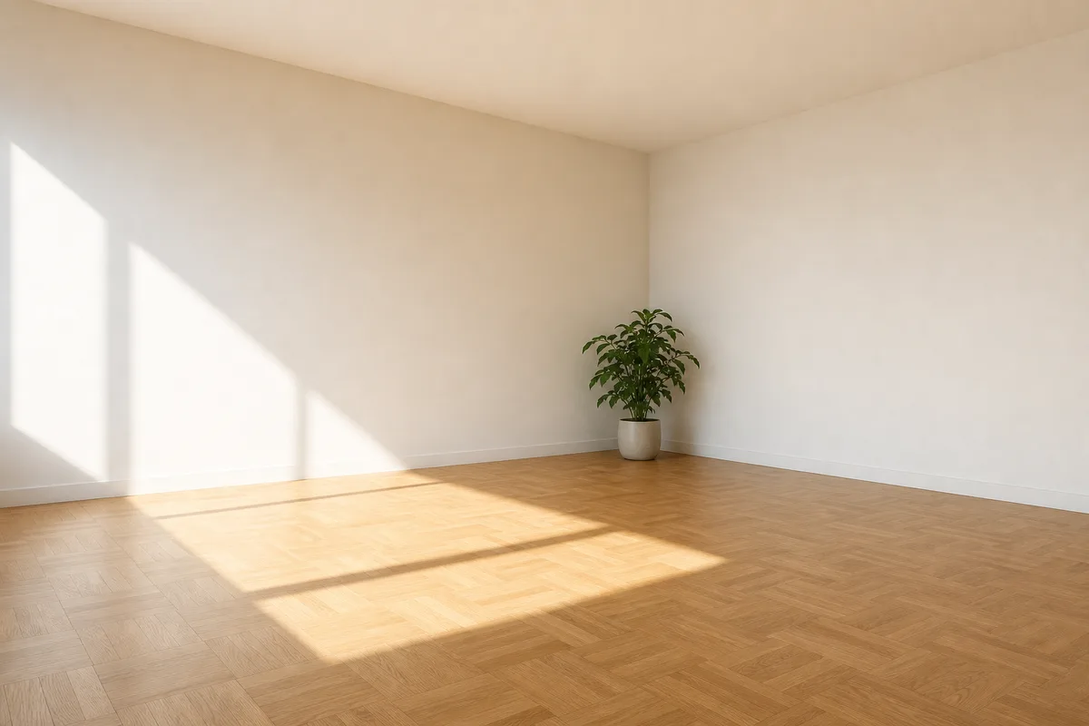 Bureau vide baigné de lumière du matin avec sol en parquet clair