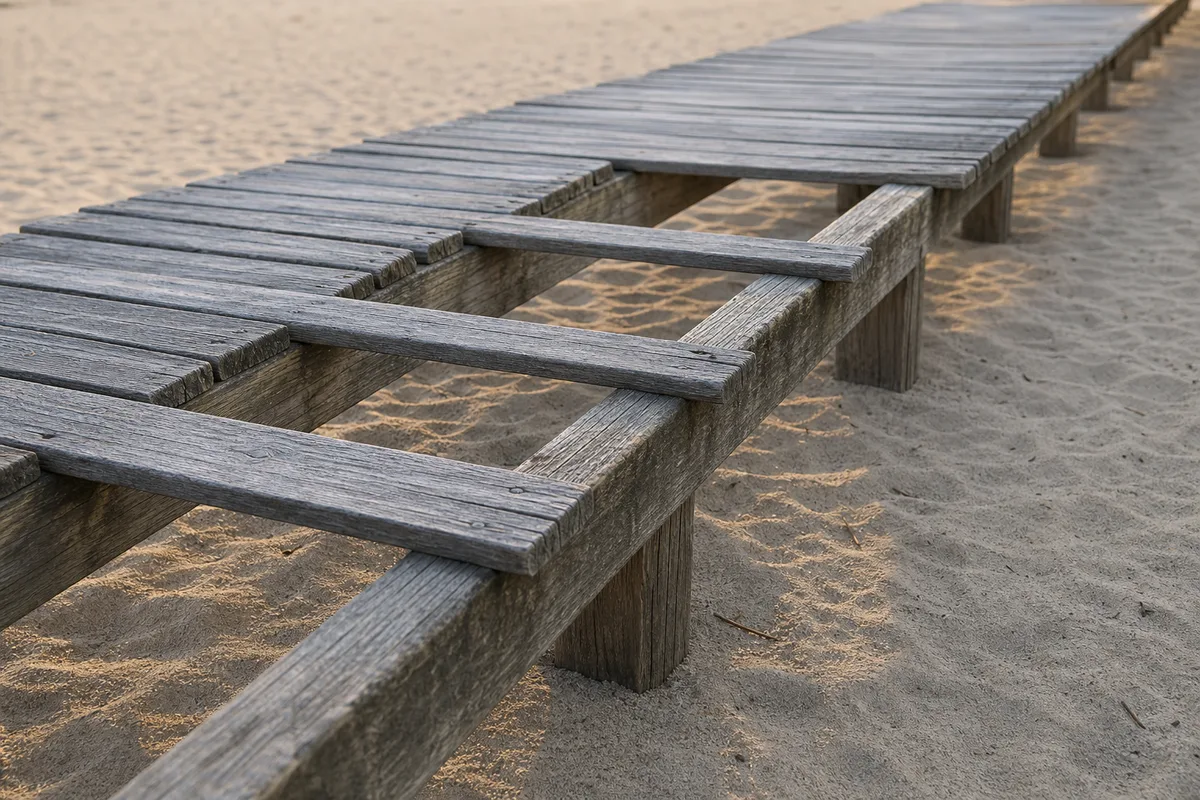 Passerelle en bois au ras du sol dont plusieurs planches manquent, vue de côté