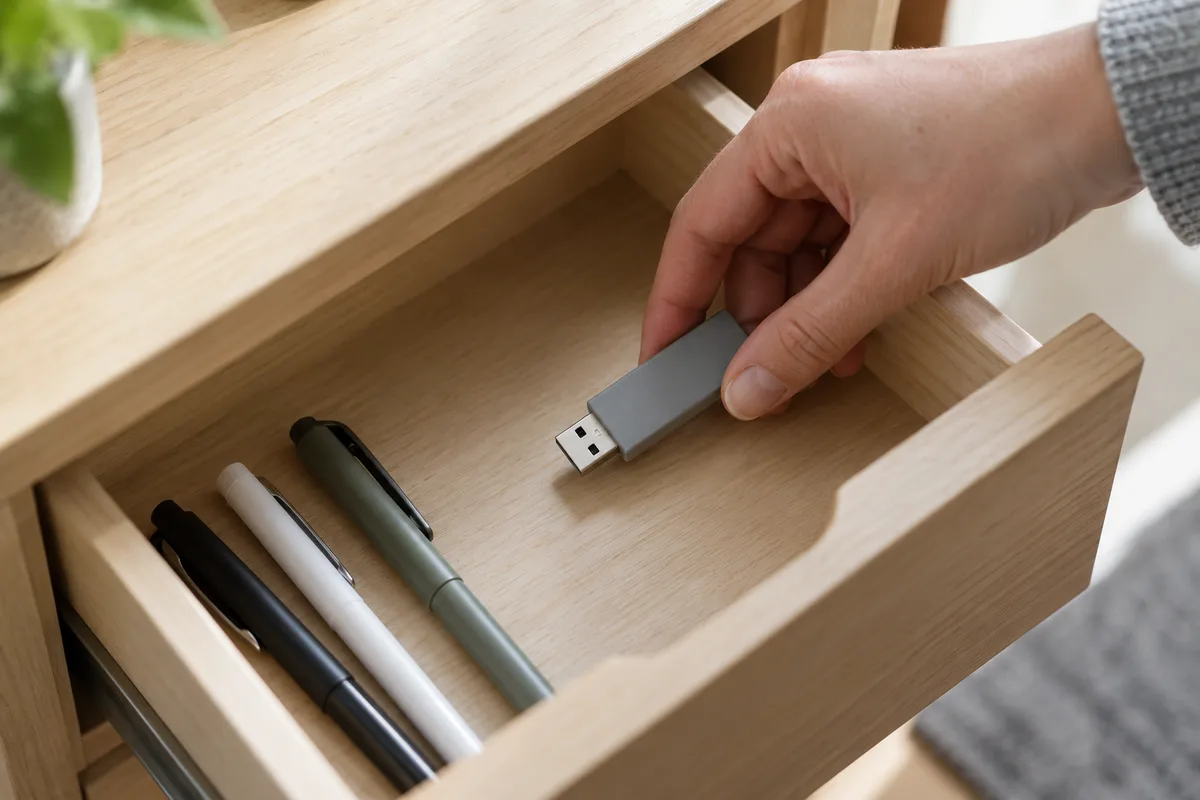 Main qui range une clé USB grise dans le tiroir d&rsquo;un bureau en bois clair