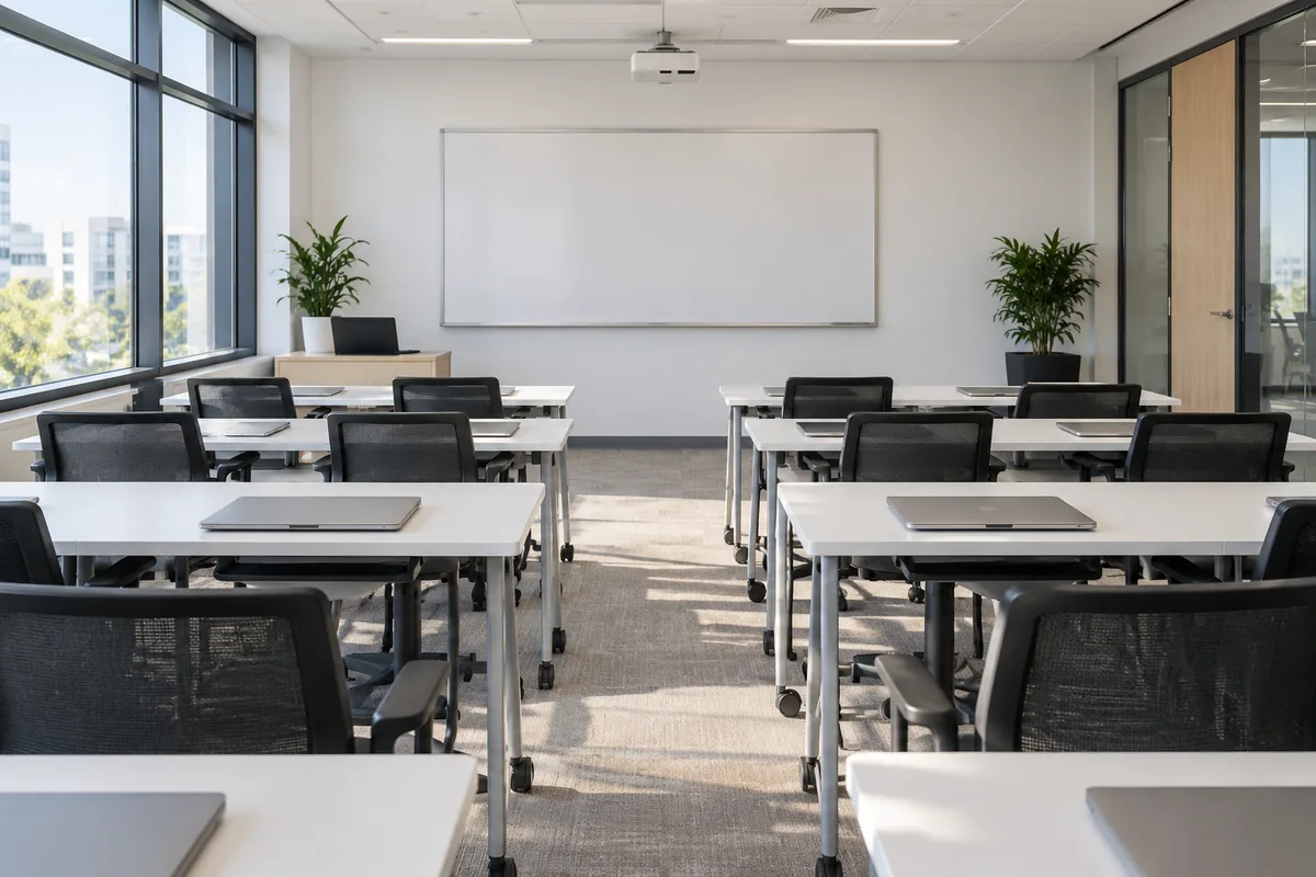 Salle de formation d&rsquo;entreprise aux chaises vides et ordinateurs portables fermés