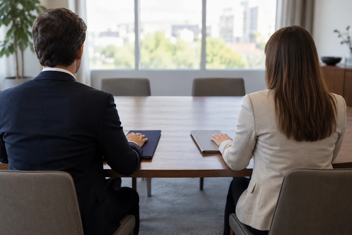 Deux personnes de dos comparant deux dossiers fermés sur une table de réunion