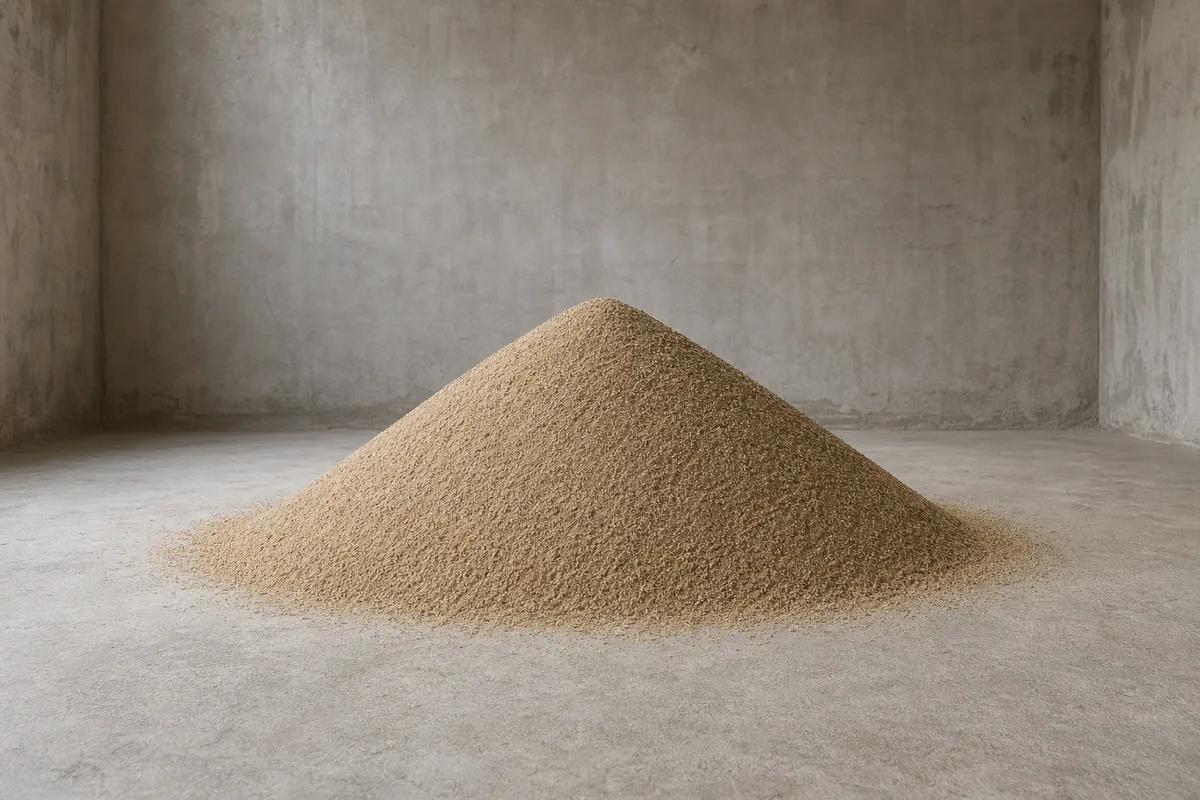 Tas de sable fin versé à même le sol de béton d’un atelier vide