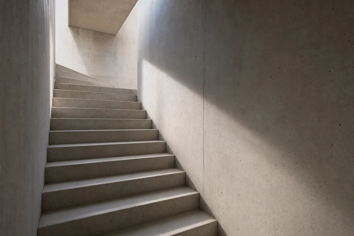Volée de marches en béton clair dans une cage d&rsquo;escalier vide éclairée de côté