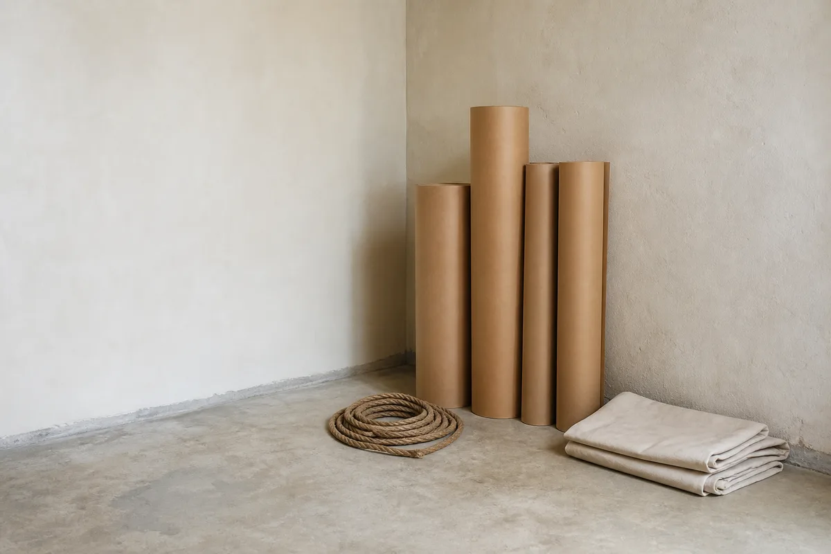 Rouleaux de papier kraft dressés dans l&rsquo;angle d&rsquo;une pièce en travaux au sol de béton