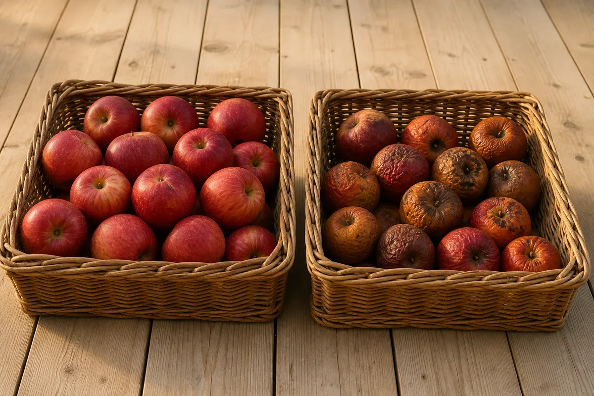 Deux cageots en osier posés au sol, l’un rempli de pommes saines, l’autre de fruits abîmés