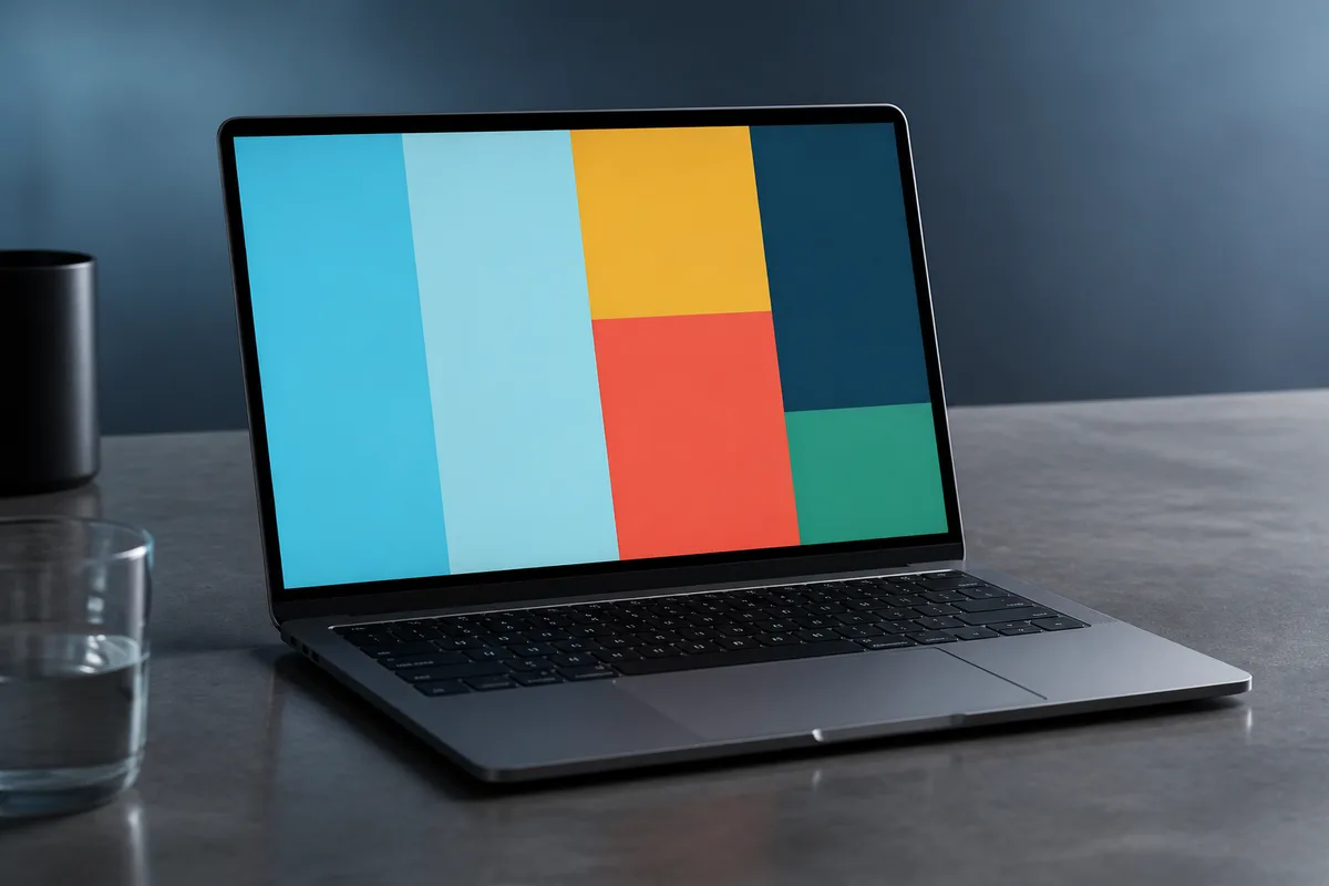 Écran d’ordinateur portable affichant une grille de blocs colorés unis sur un bureau gris