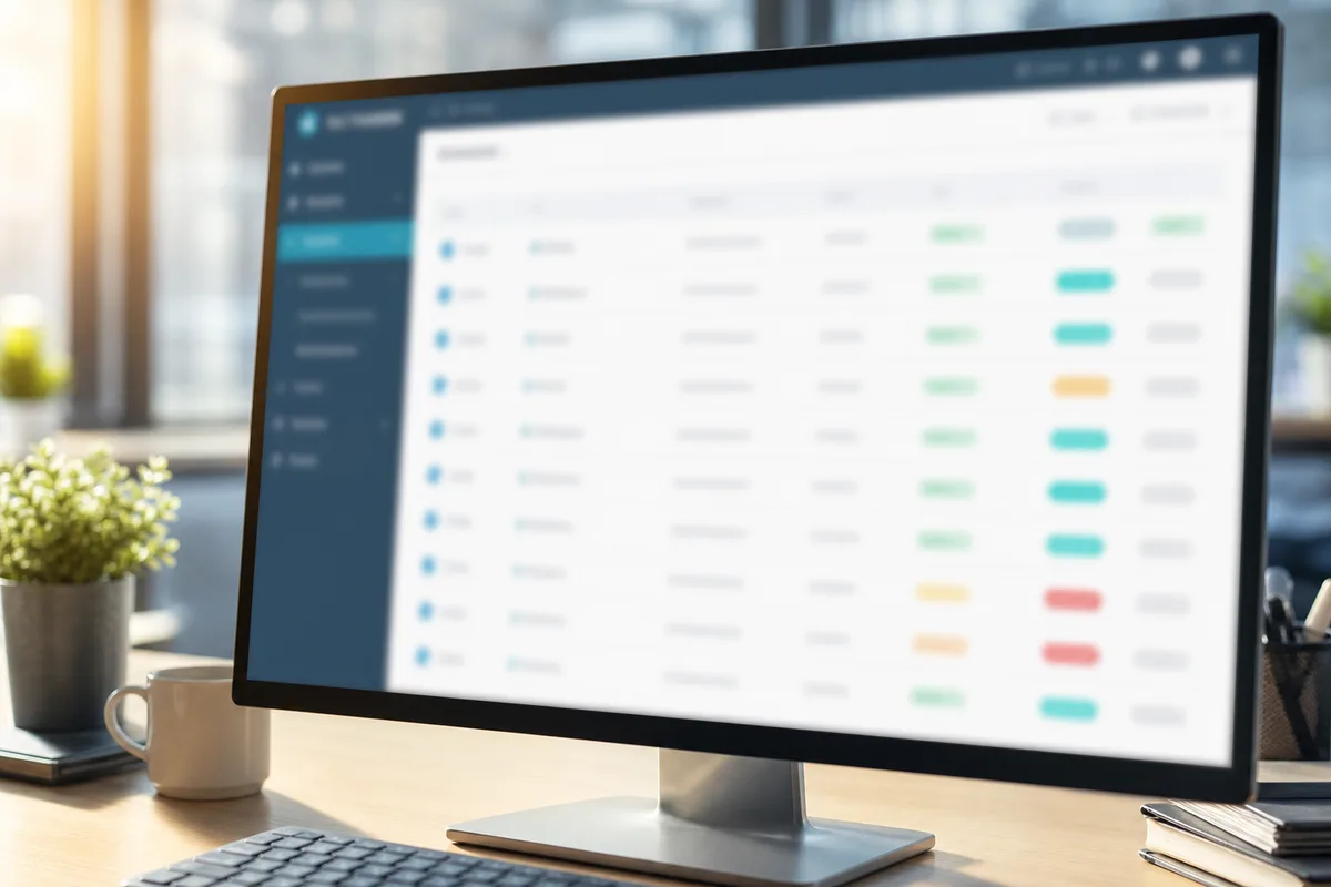 Écran d’ordinateur affichant une interface de gestion de nom de domaine avec champs et statuts, bureau clair