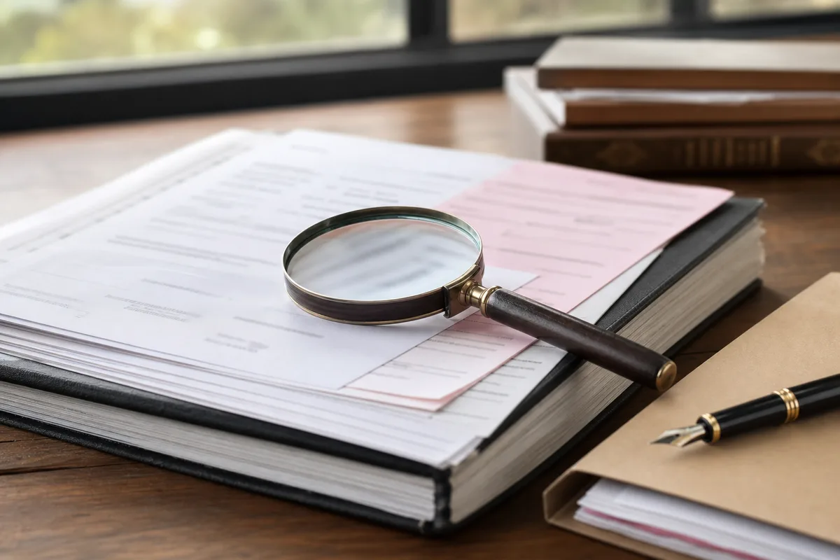 Loupe posée sur un registre imprimé de marques et documents administratifs, lumière naturelle