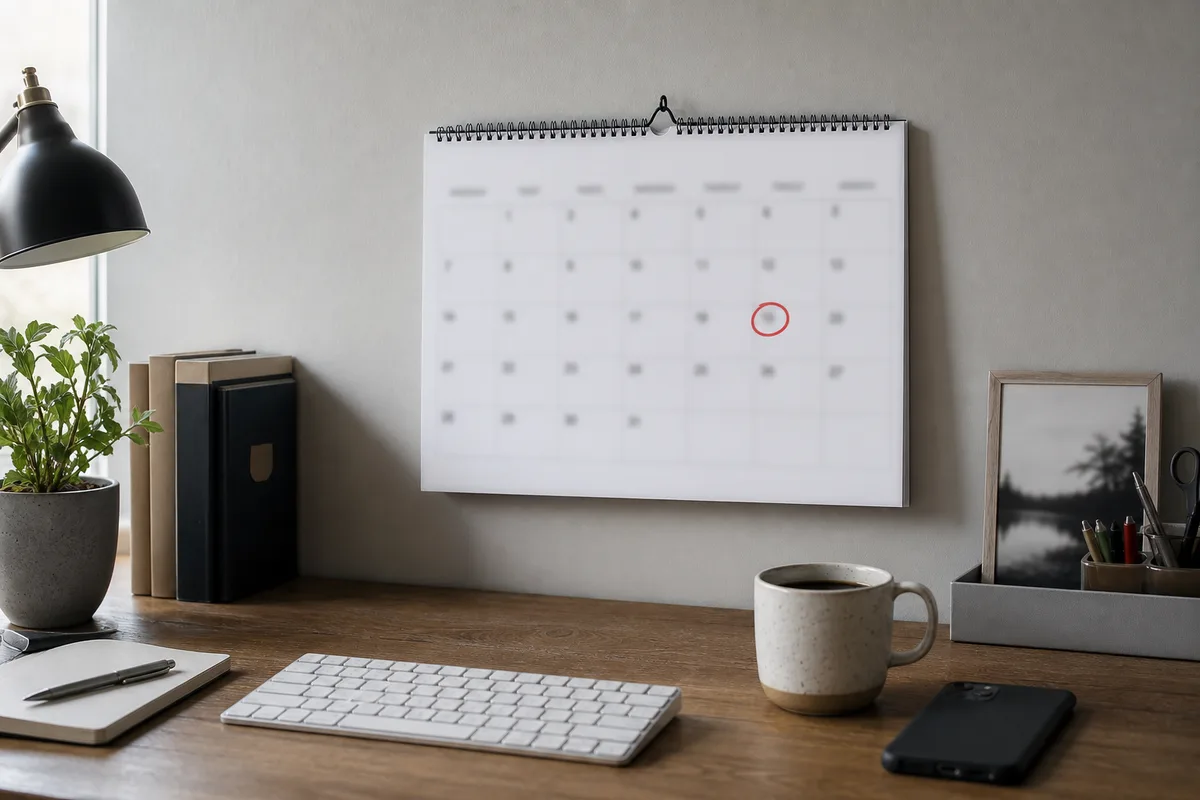 Calendrier mural avec une échéance entourée au feutre rouge, à côté d’un clavier et d’une tasse