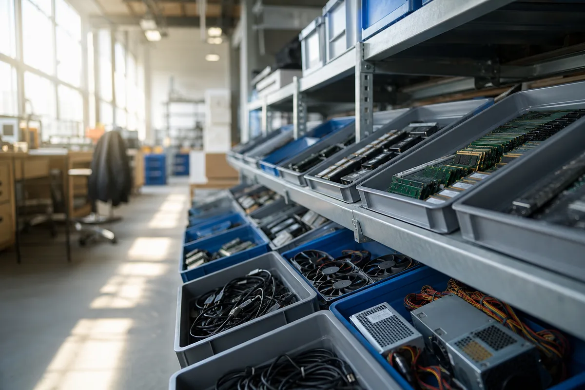 Composants électroniques triés dans des bacs plastiques empilés sur les étagères d’un atelier de reconditionnement