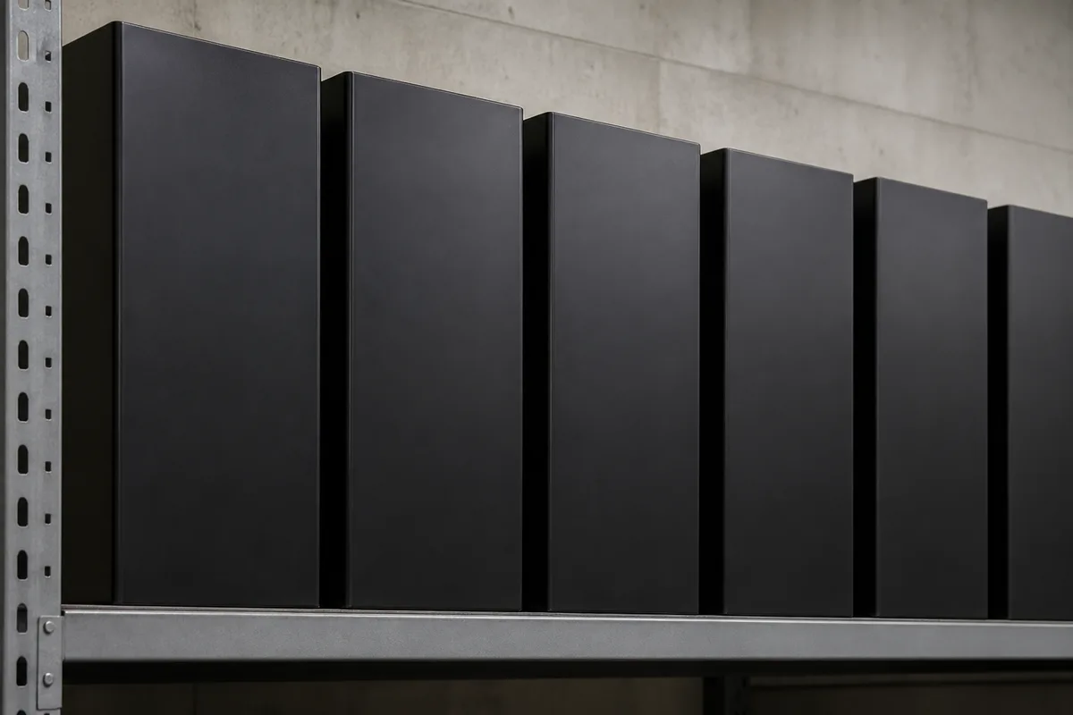 Rangée de batteries d&rsquo;accumulateurs noires alignées sur une étagère métallique dans un local de maintenance