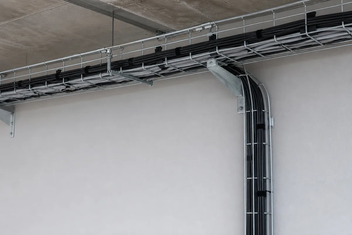 Chemin de câbles métallique au plafond d&rsquo;un local technique avec câbles électriques rangés en boucles régulières