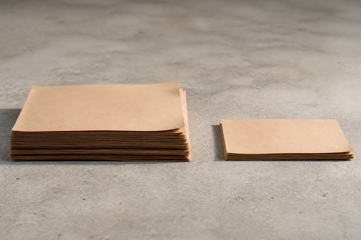 Pile de feuilles de papier kraft vierges posée à plat sur un sol de béton