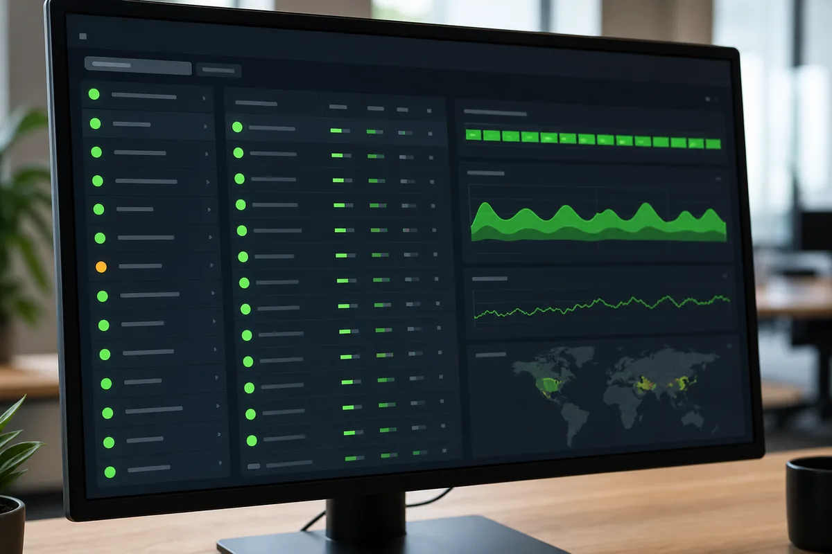 Écran d’ordinateur affichant un tableau de bord de monitoring avec plusieurs indicateurs verts
