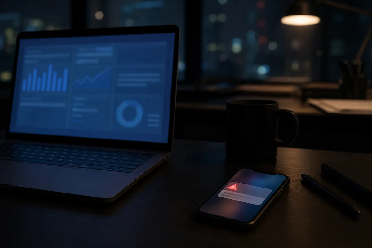 Notification d’alerte sur un smartphone posé à côté d’un ordinateur portable allumé la nuit
