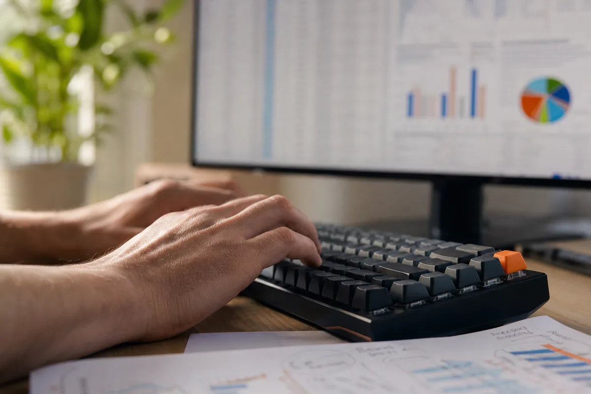 Mains tapant sur un clavier devant un rapport d’audit de site web