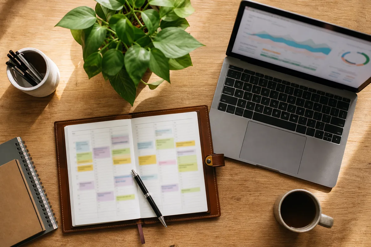 Bureau avec agenda papier ouvert à côté d’un ordinateur portable affichant des graphiques