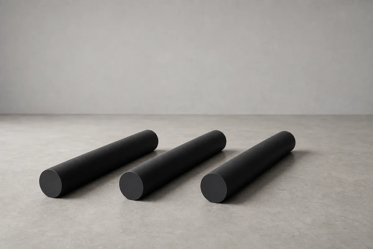 Cartouches de toner cylindriques noires alignées à plat sur un sol clair
