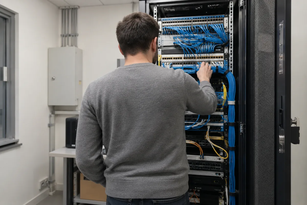 Technicien de dos devant une baie réseau ouverte dans une petite salle technique