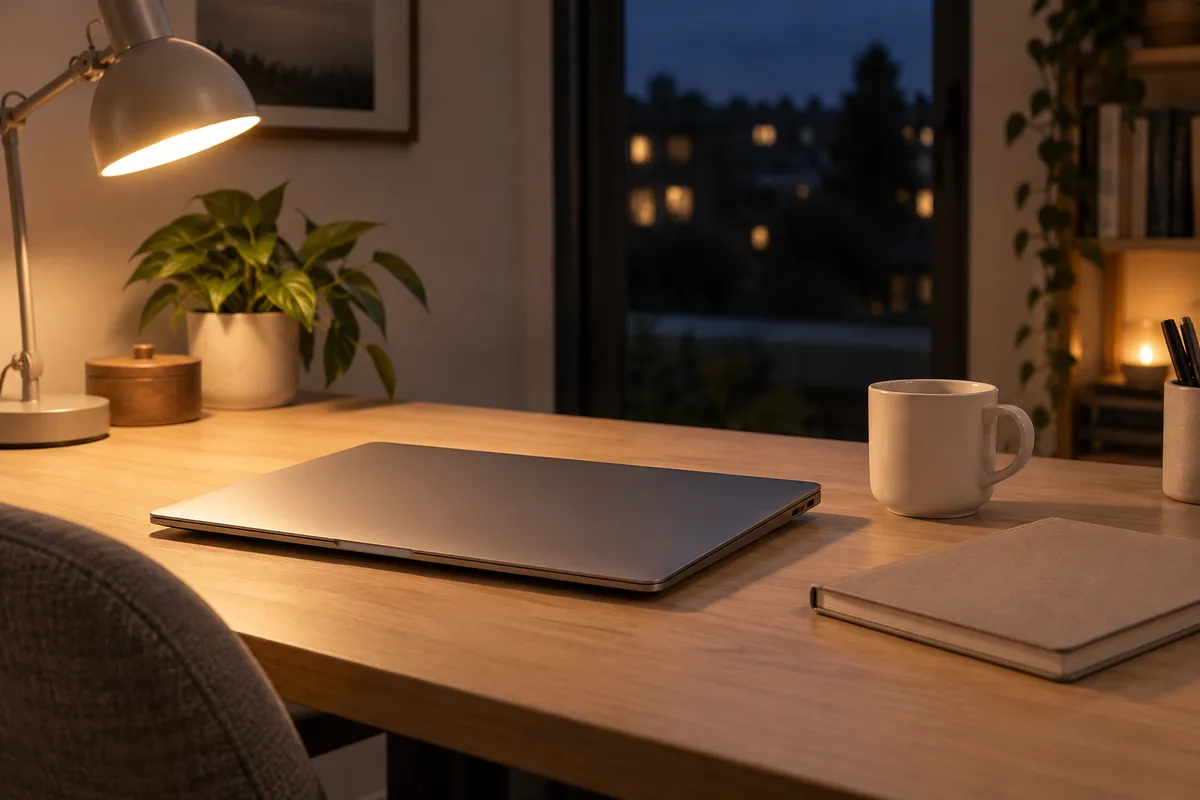 Ordinateur portable fermé sur un bureau de télétravail éclairé par une lampe