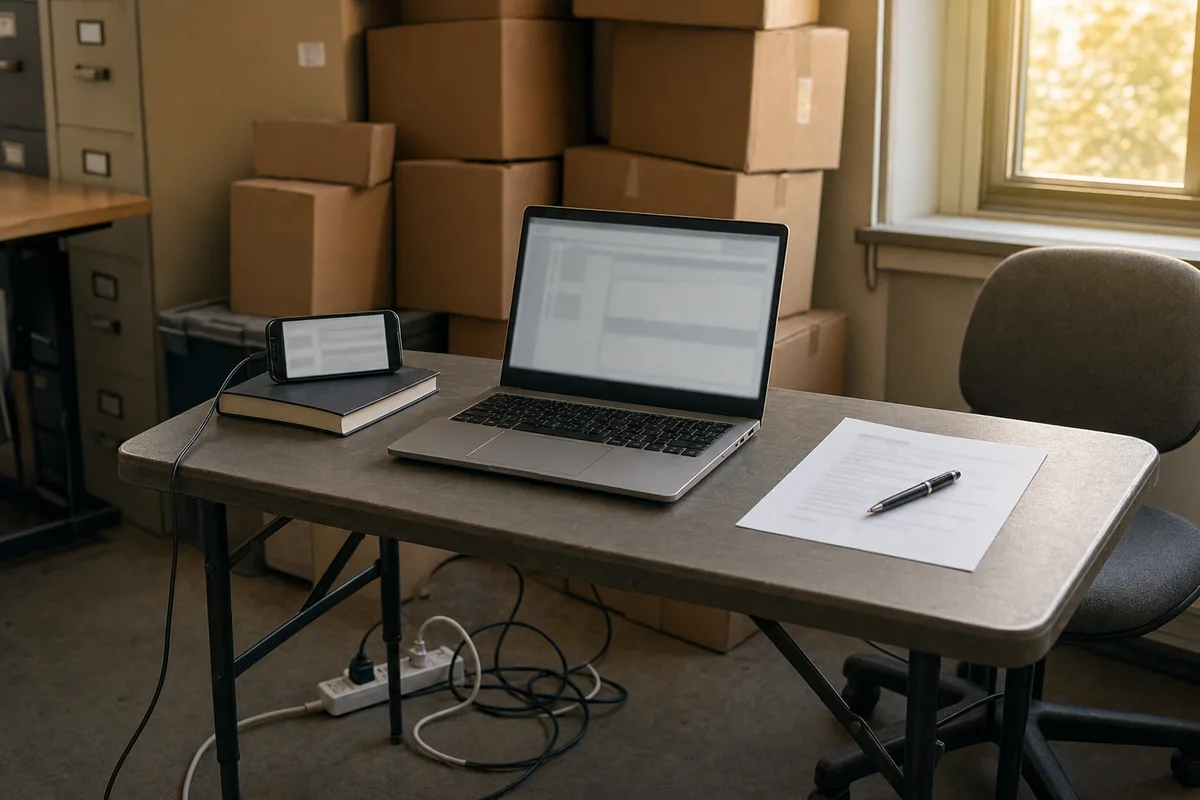Poste de travail de repli installé sur une table pliante avec un ordinateur portable et un partage de connexion mobile