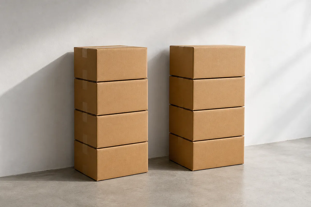 Piles de cartons bruns fermés alignées contre un mur blanc