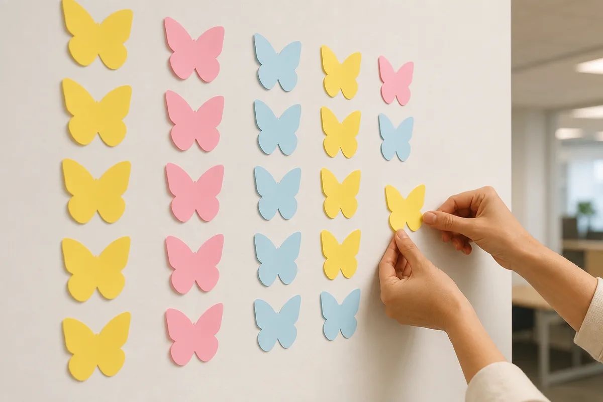 Mur de bureau couvert de papillons adhésifs de couleurs unies disposés en colonnes régulières, deux mains en déplaçant un, lumière douce