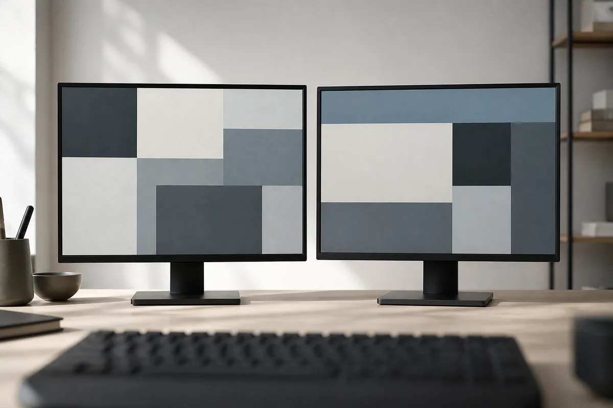 Deux écrans d’ordinateur côte à côte affichant des aplats de couleurs unies et des rectangles gris, bureau clair, lumière rasante du matin