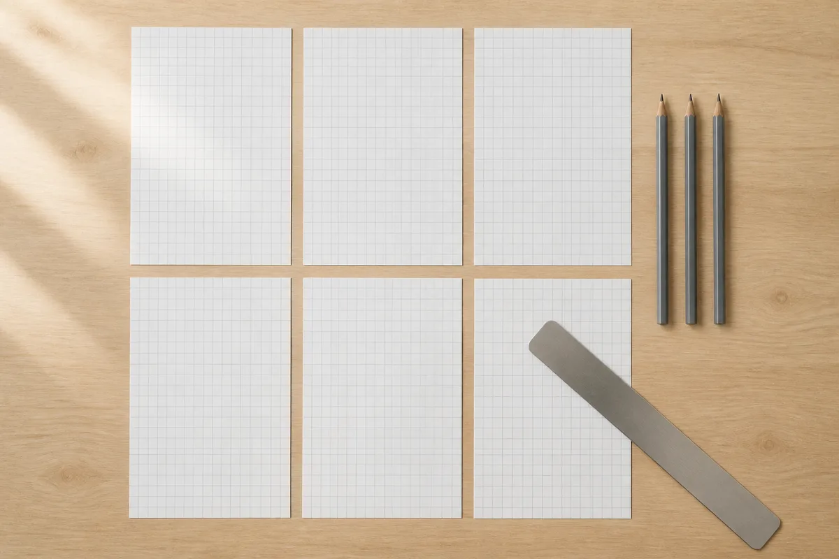Table de travail en bois clair couverte de feuilles quadrillées vierges et de crayons alignés