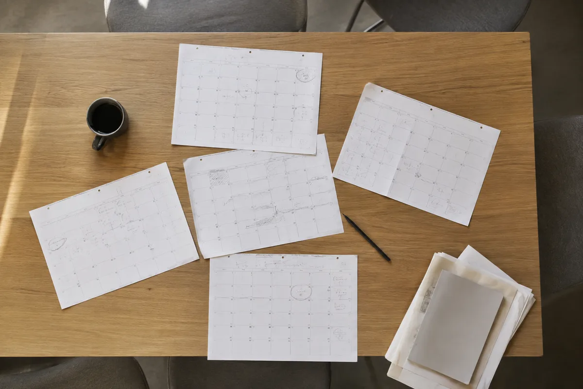 Table de réunion vue de haut avec plusieurs feuilles de calendrier annotées au crayon et une tasse de café