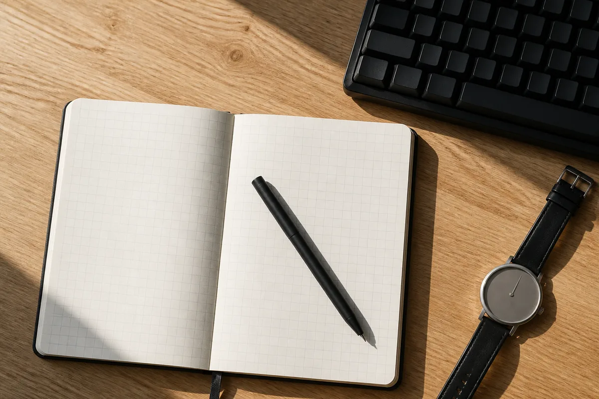 Carnet ouvert et stylo posés près d’un clavier sombre sur un bureau en chêne