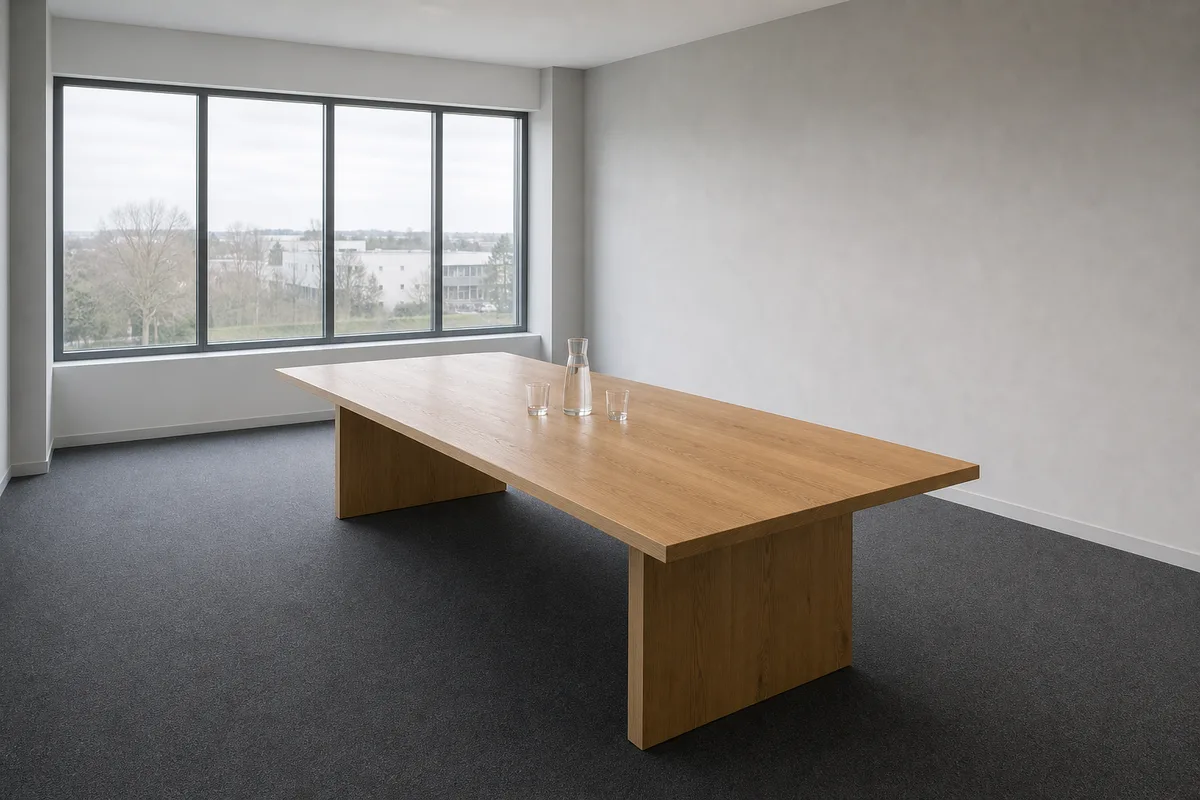 Grande table de réunion en bois clair entourée de chaises vides, salle inoccupée