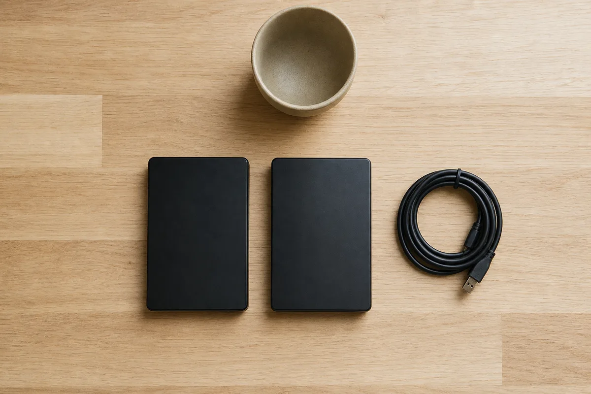 Deux disques durs externes noirs posés sur un plan de travail avec un câble enroulé