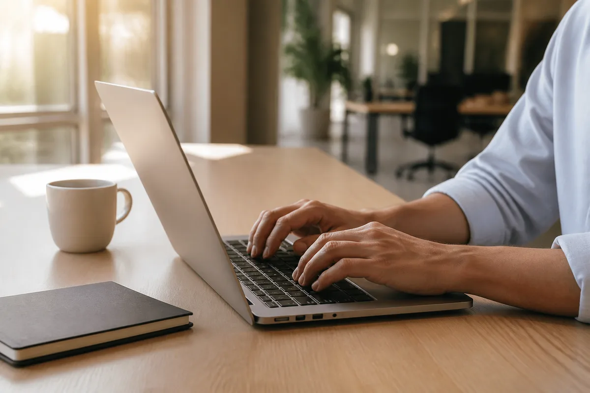 Mains sur un clavier d&rsquo;ordinateur portable en plan large, bureau en bois clair et lumière naturelle latérale