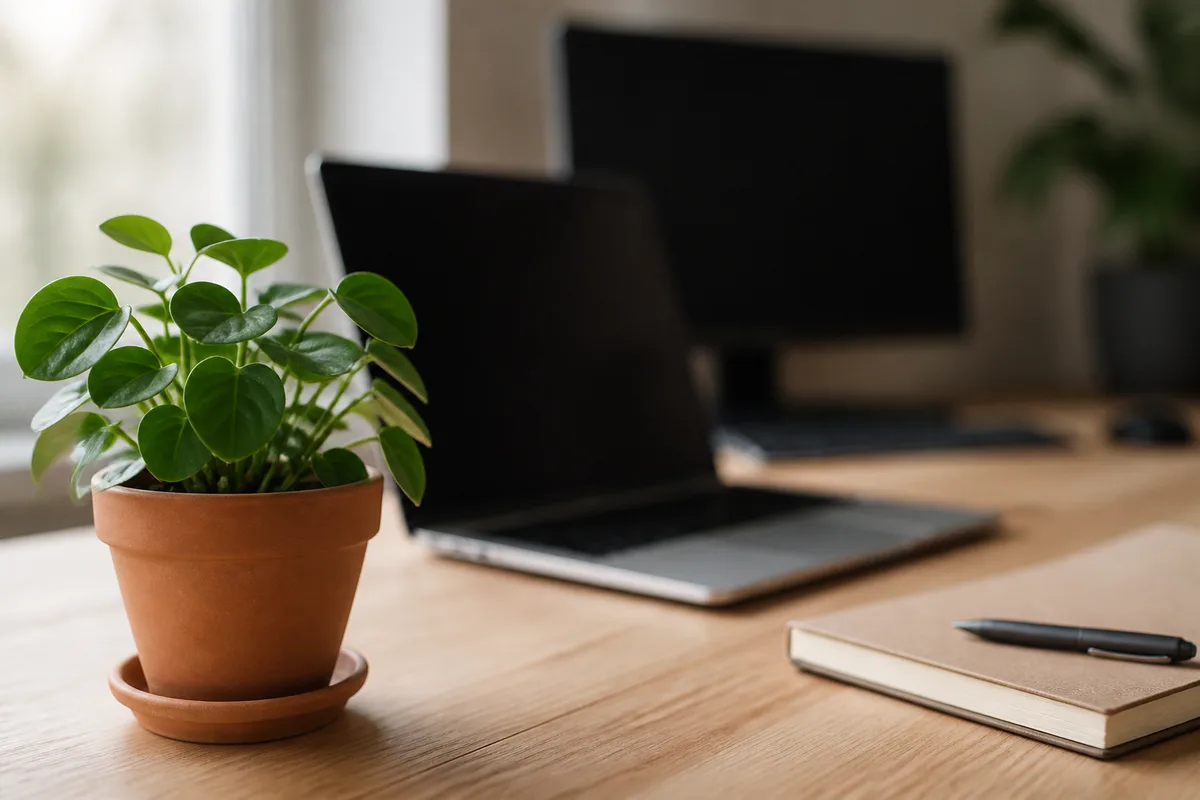 Ordinateur portable ouvert et écran secondaire hors focus sur un plan de travail clair, plante verte en arrière-plan