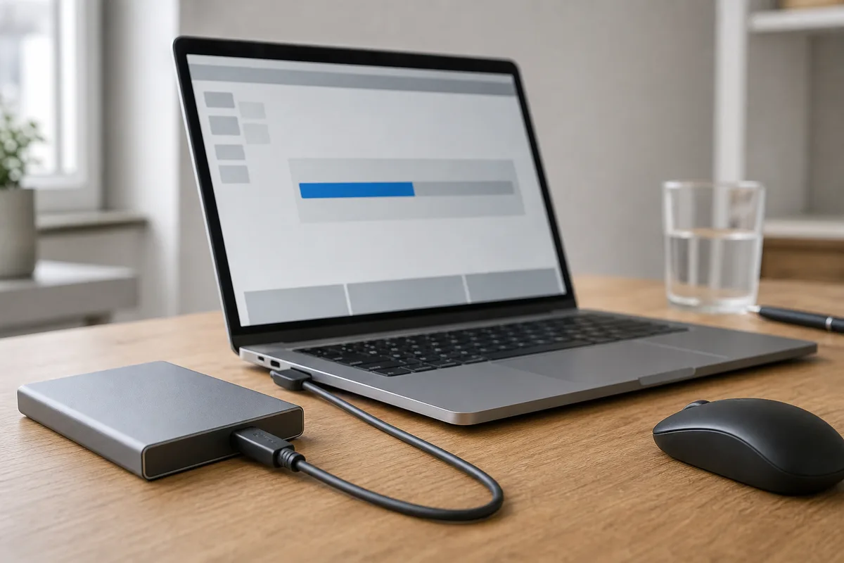 Disque dur externe relié à un ordinateur portable sur un bureau, écran affichant une progression de copie