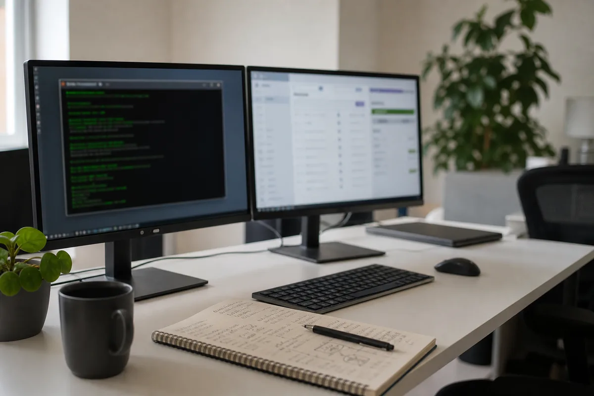 Bureau avec deux écrans affichant un terminal et une interface d&rsquo;administration, carnet de notes ouvert