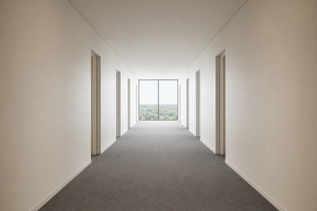 Couloir de bureaux vide au sol en moquette grise et aux murs blancs