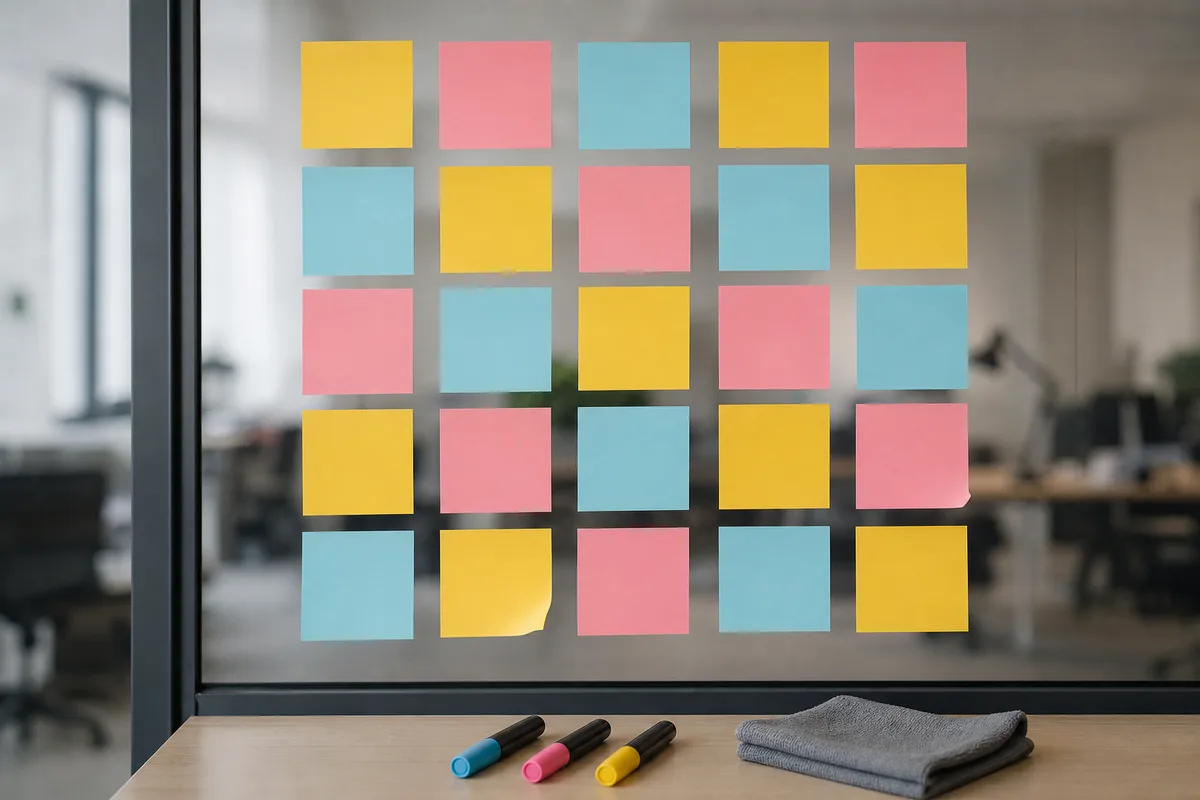Bureau clair avec un carnet à spirale ouvert, des fiches cartonnées de couleur et un ordinateur portable fermé