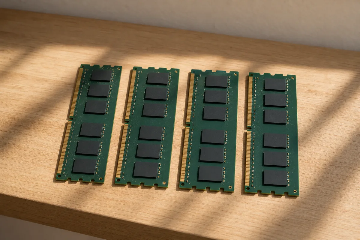 Barrettes de mémoire alignées à plat sur un plan de travail en bois clair