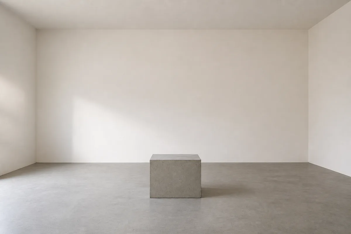Petit local technique vide au sol béton avec un tabouret métallique posé au centre