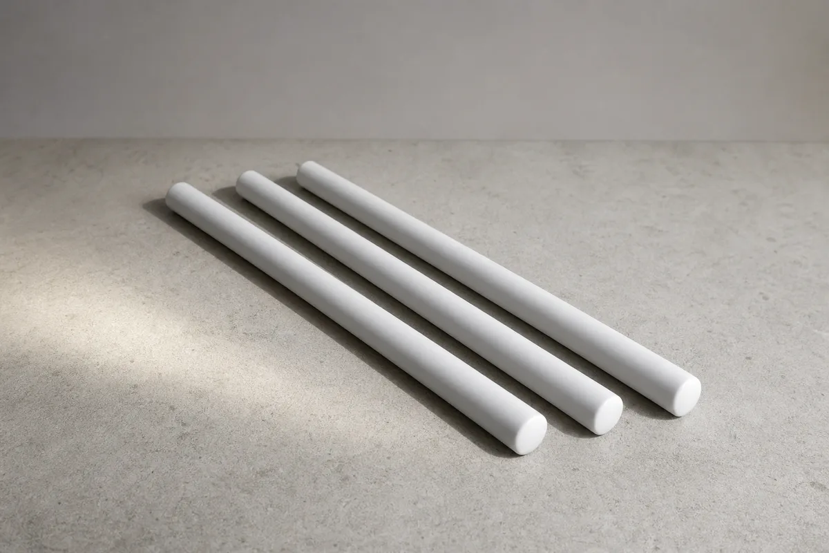 Trois antennes cylindriques blanches posées côte à côte sur un plan de travail en béton clair
